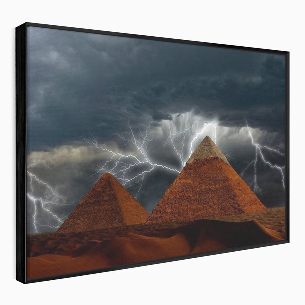 Tablou canvas cu ilustratie cu piramide si fulgere, in rama de aluminiu negru